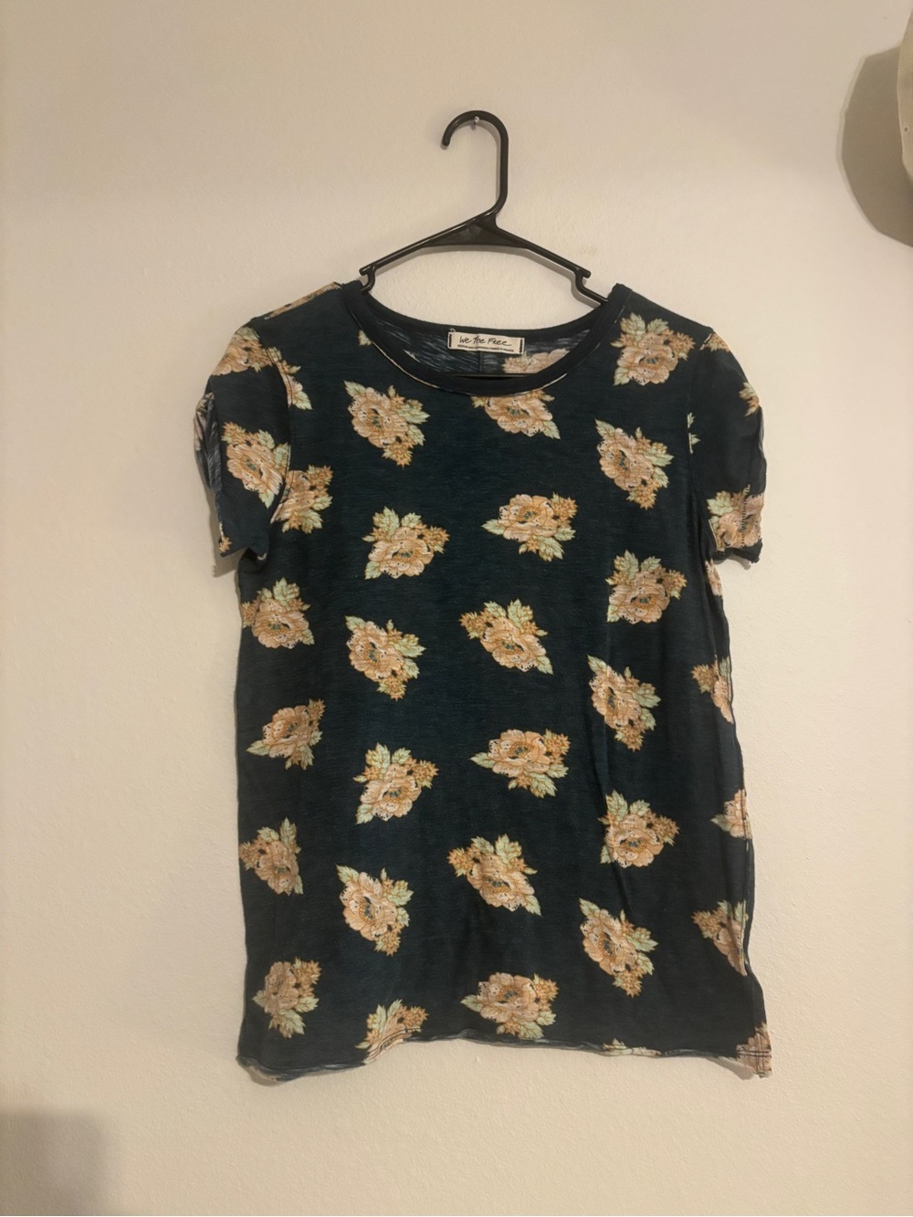 We The Free Navy Floral Short Sleeve Tee with Peach Blooms